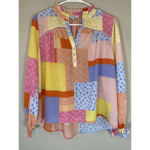 Fate Colorful Balloon Sleeve Blouse Ruffle Cuff Sz SMALL‎ Relaxed Fit Oversized - Picture 1 of 10